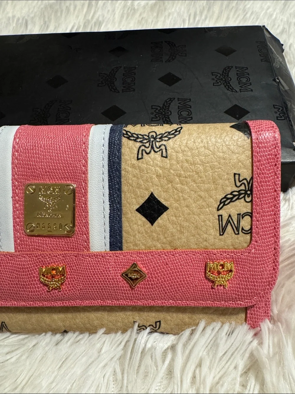 MCM Beige Monogram Long Trifold Wallet with Pink Trim and Gold Accents NWT